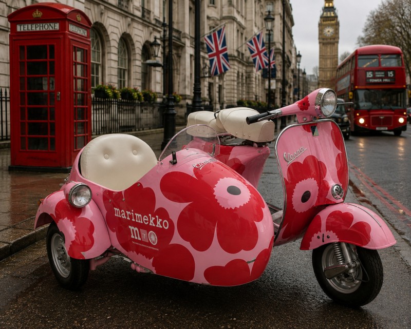 Sidecars Marimekko x La Vespazienne : Quand l’Art Scandinave Rencontre l’Élégance Intemporelle de la Vespa vintage de collection 

Une œuvre d’art roulante au cœur de Londres