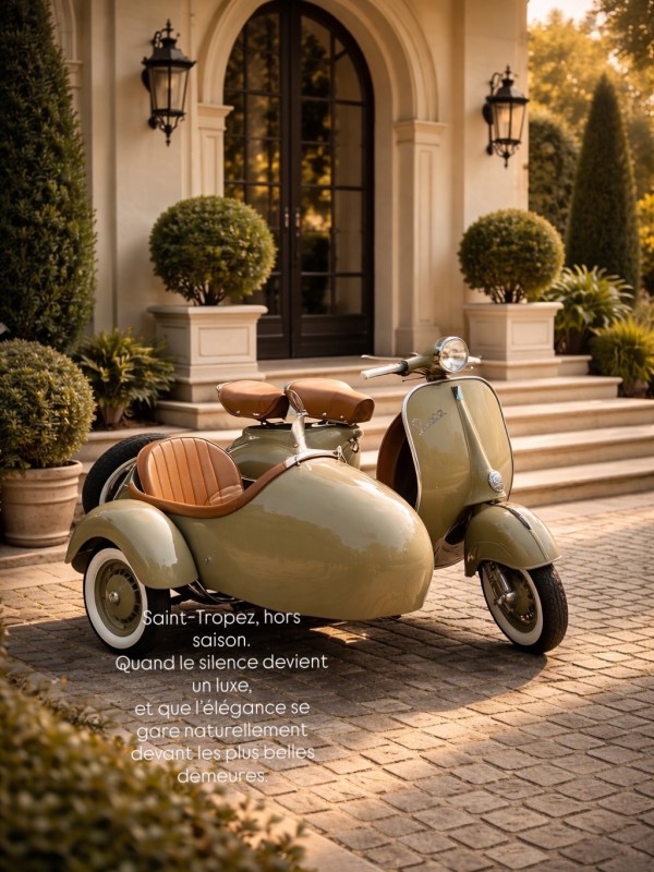 Vespa Side-Car et Maison de Luxe : L’Élégance Italienne au Service d’un Art de Vivre Exclusif, St-Tropez, carte grise collection, restauration complète 